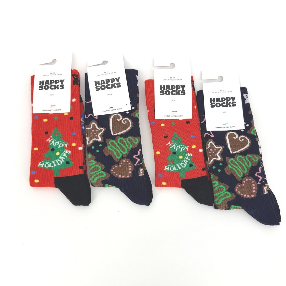 Happy Socks Womens Holiday Crew Socks Christmas Tree Gingerbread Navy Red 4 Pair